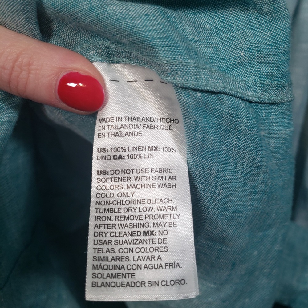Chico's Button Down Shirt Womens 4/20 Blue Teal Linen Colorblock No Iron Top - Picture 4 of 9